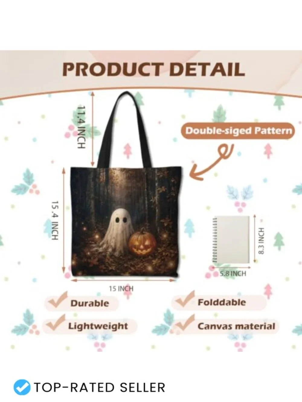 Halloween Ghost Tote Bag Women 15x15.4 Cotton Blend Foldable Shoulder Strap
